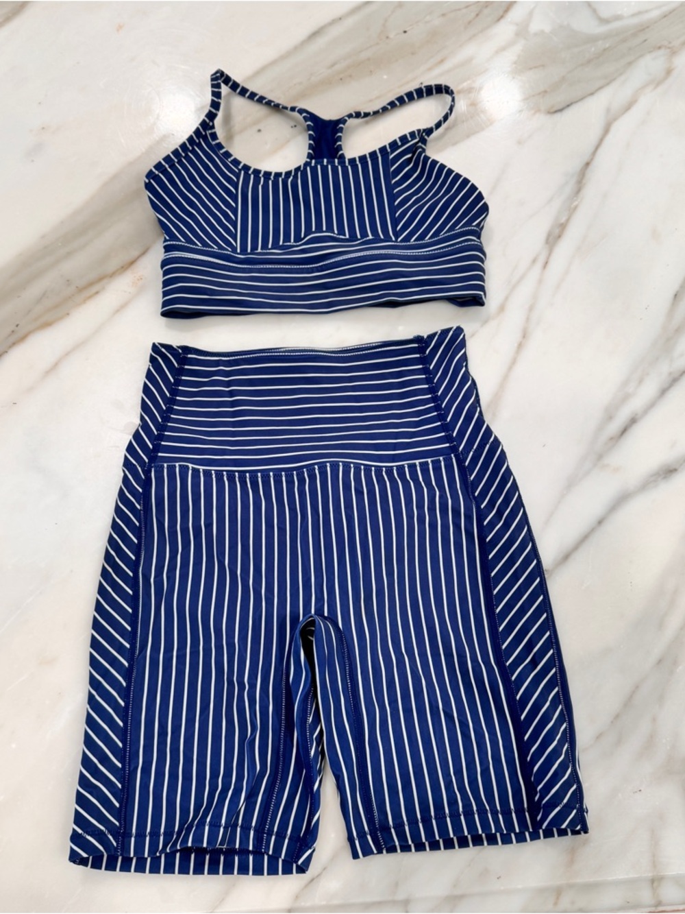 SOLID & STRIPED Navy and White Striped Sports Bra & Biker Shorts Set